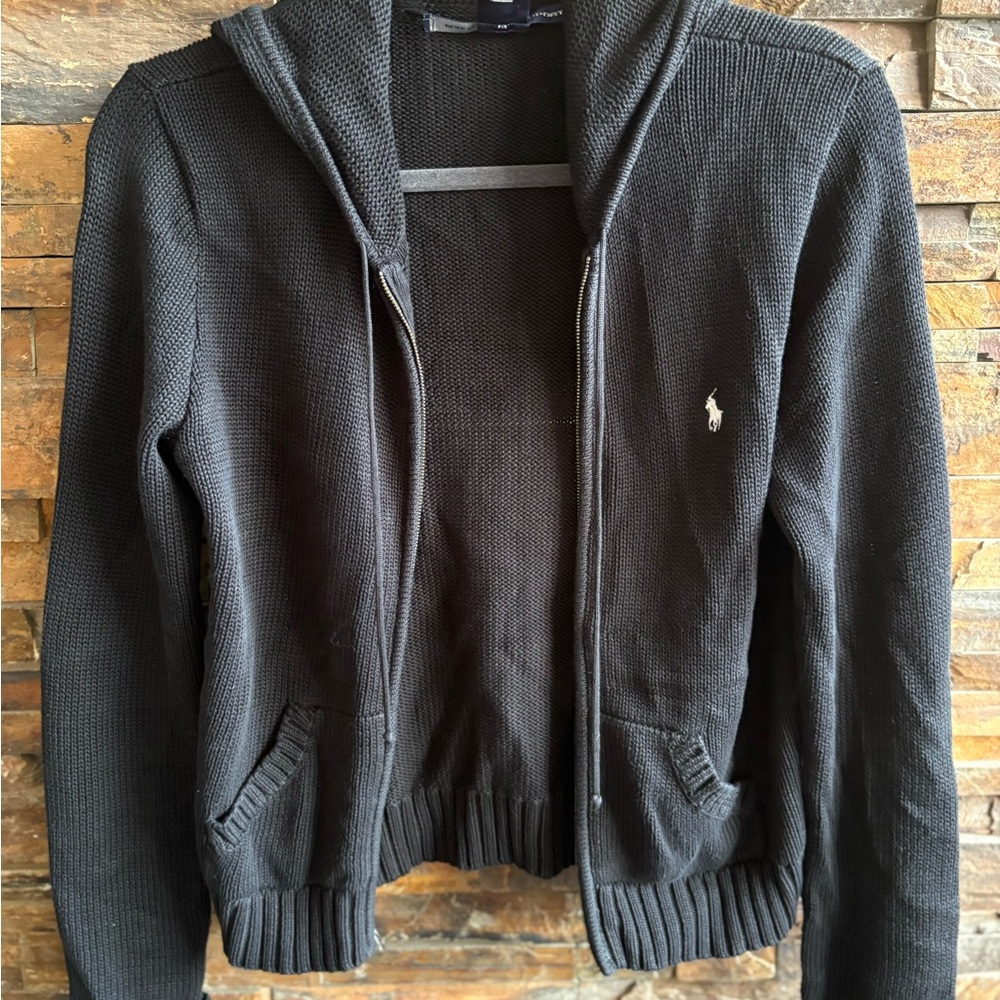 Ralph Lauren Black Hooded Zip Cardigan with White Polo Logo